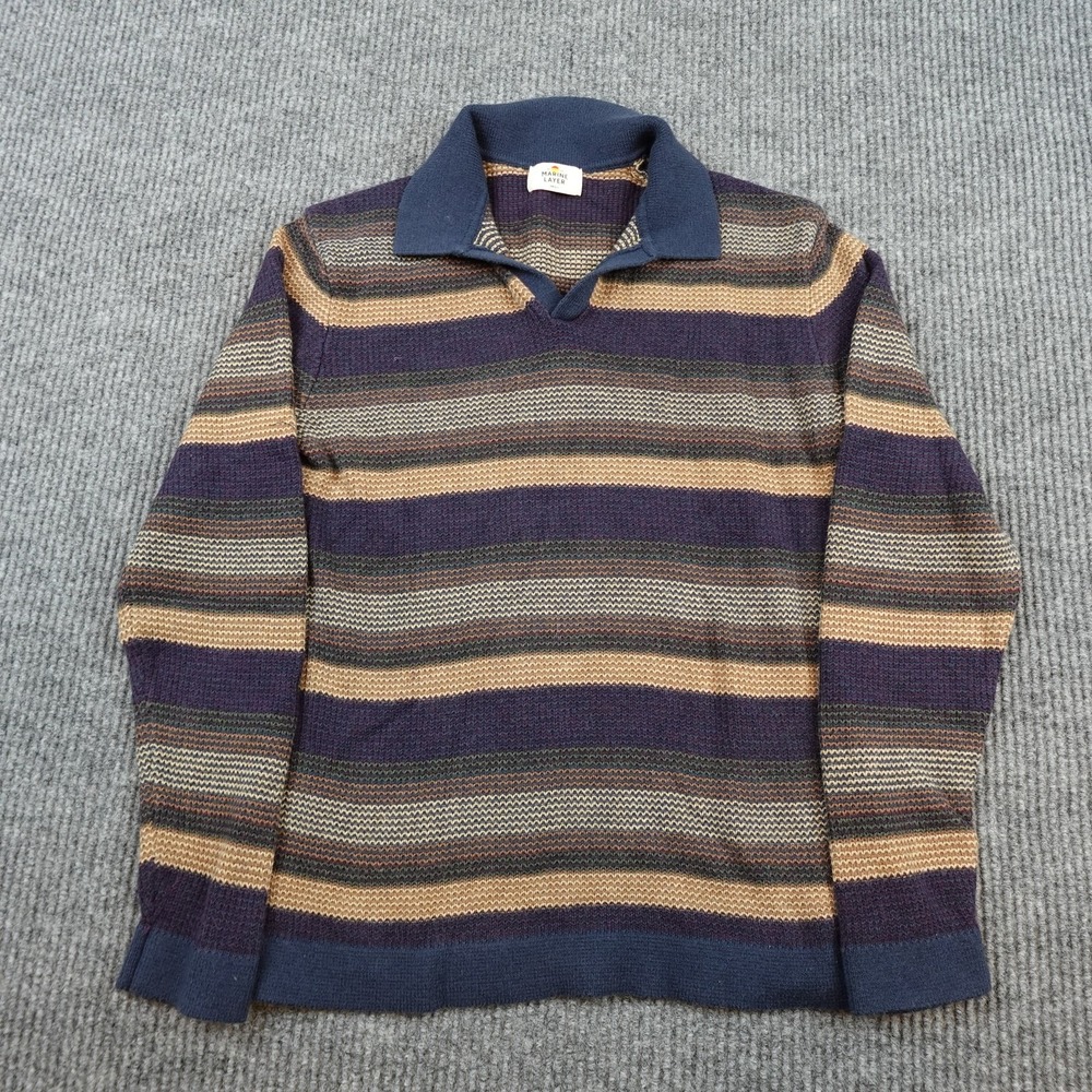 Marine Layer Polo Sweater Mens Small Blue Brown Stripe Collared Knit Pullover